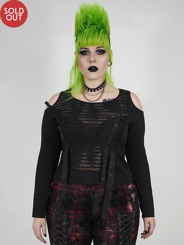 Plus-Size Punk Cracked Distressed Long Sleeve Top