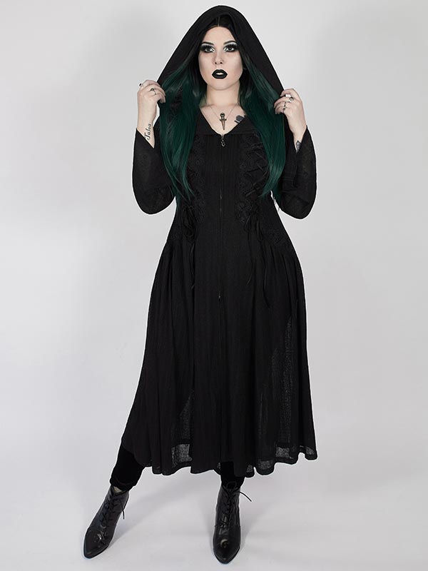 Plus-Size Gothic Dark Moon Long Coat - Black