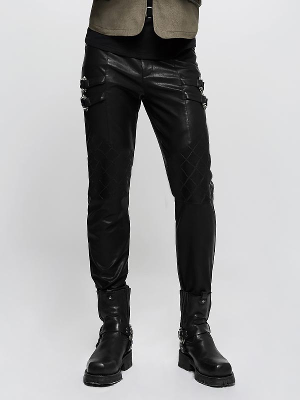 Punk Grid Pattern Leather Trousers