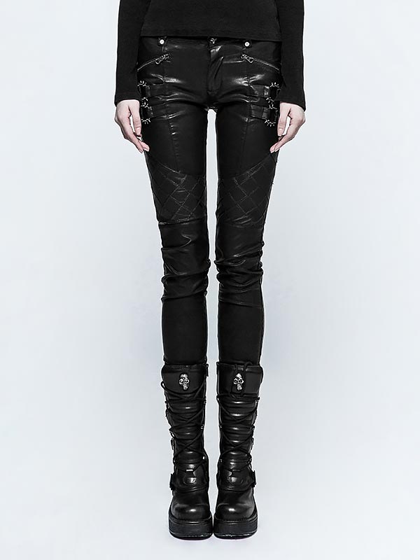 Punk Grid Pattern Leather Pant