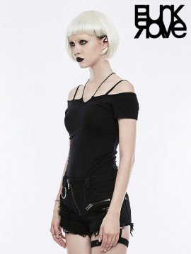 Gothic Off-The-Shoulder Tie Rope Necklace T-Shirt - Black