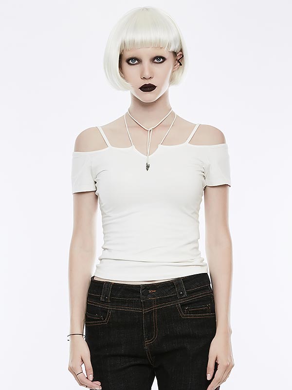 Gothic Off-The-Shoulder Tie Rope Necklace T-Shirt - White