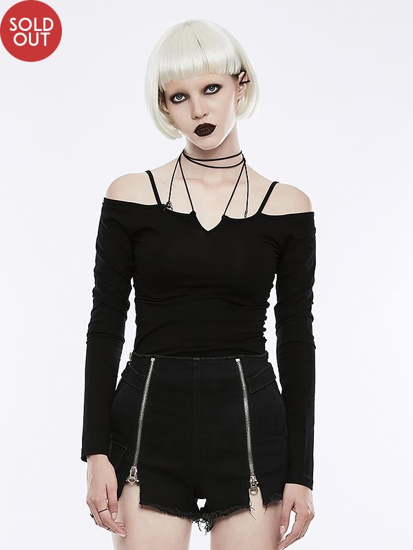 Punk Tie-The-Rope Strapless Long Sleeve Top - Black
