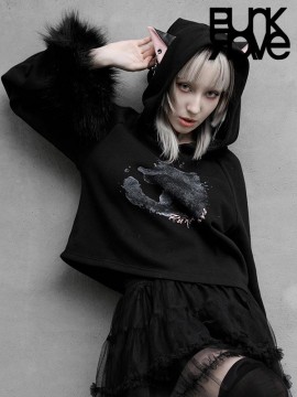 Daily Life Cat Print Fur Trim Hoodie - Black