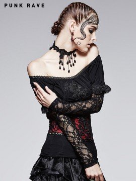 Gothic Lace Top - Black & Red Rose
