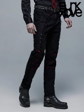 Mens Punk Distressed Drawstring Pants - Black & Red