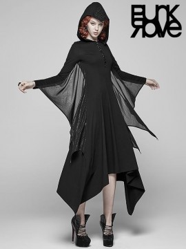 Gothic Bat Wing Dress with Hood - Black