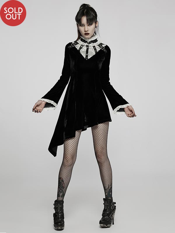 Gothic Asymmetrical Velvet Dress - Black & White