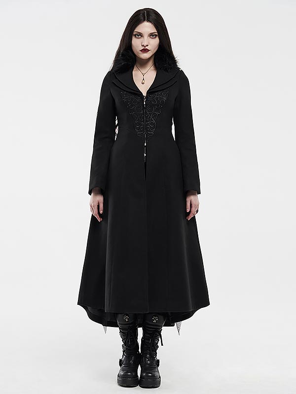 Gothic Detachable Fur Trim Collar Long Coat - Black