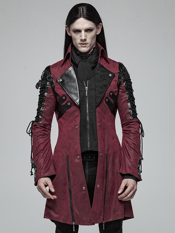 Mens Gothic Fake Two Piece Leather Coat - Red