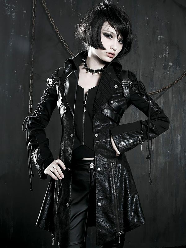 Gothic Fake Two Piece Leather Coat - Black