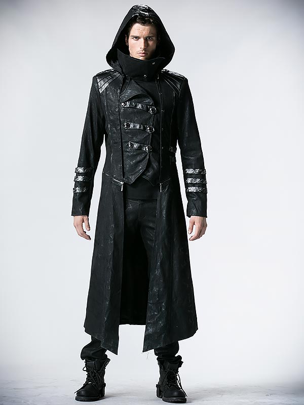 Mens Gothic Military Scorpion Embossed Leather Hooded Long Coat